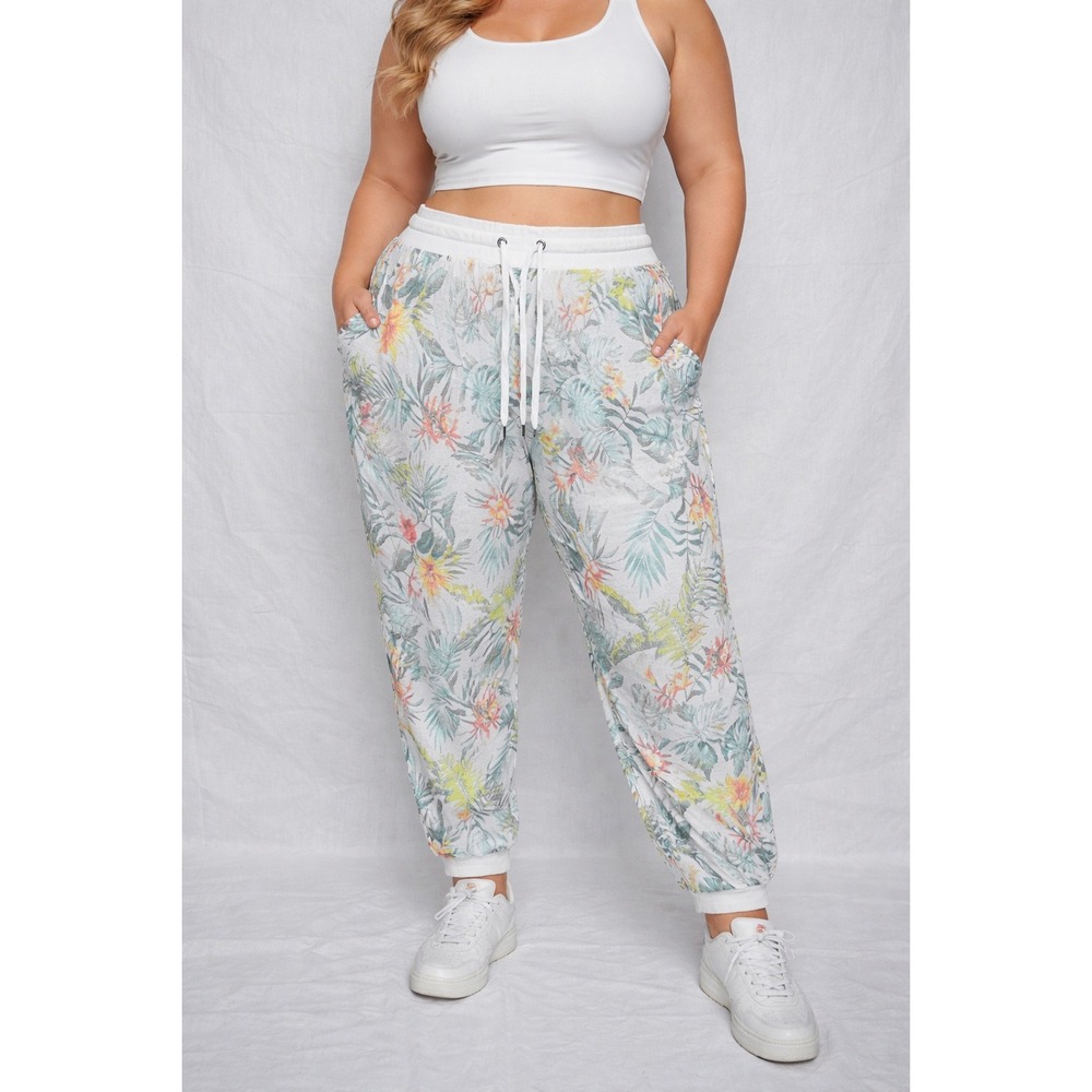The Sweatshirt Project Women 2X Floral Tropical Joggers Lace Up Cuffs White New